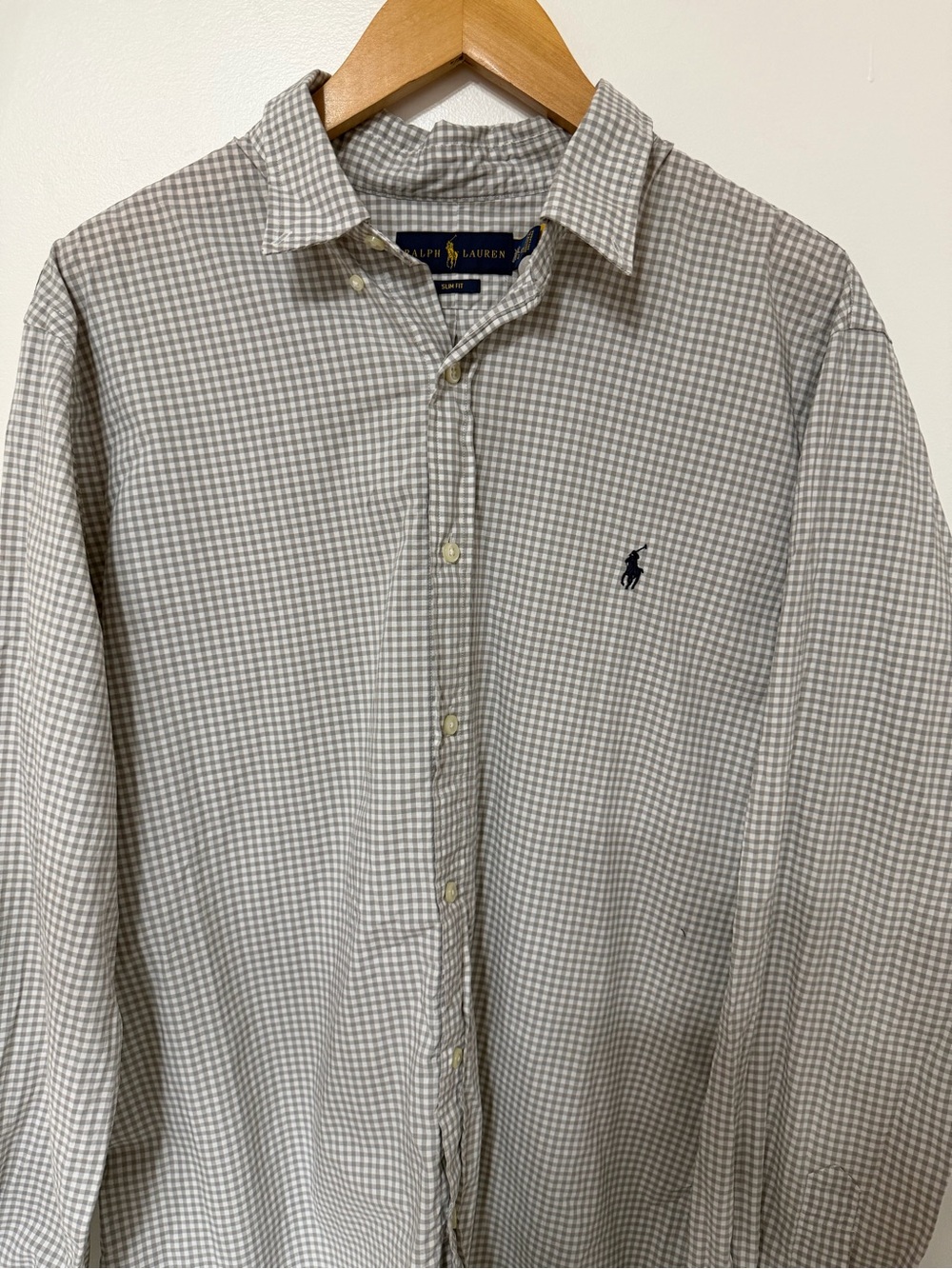 Ralph Lauren Men’s Gray White Gingham Check Slim Fit Button Down Shirt Pony Logo